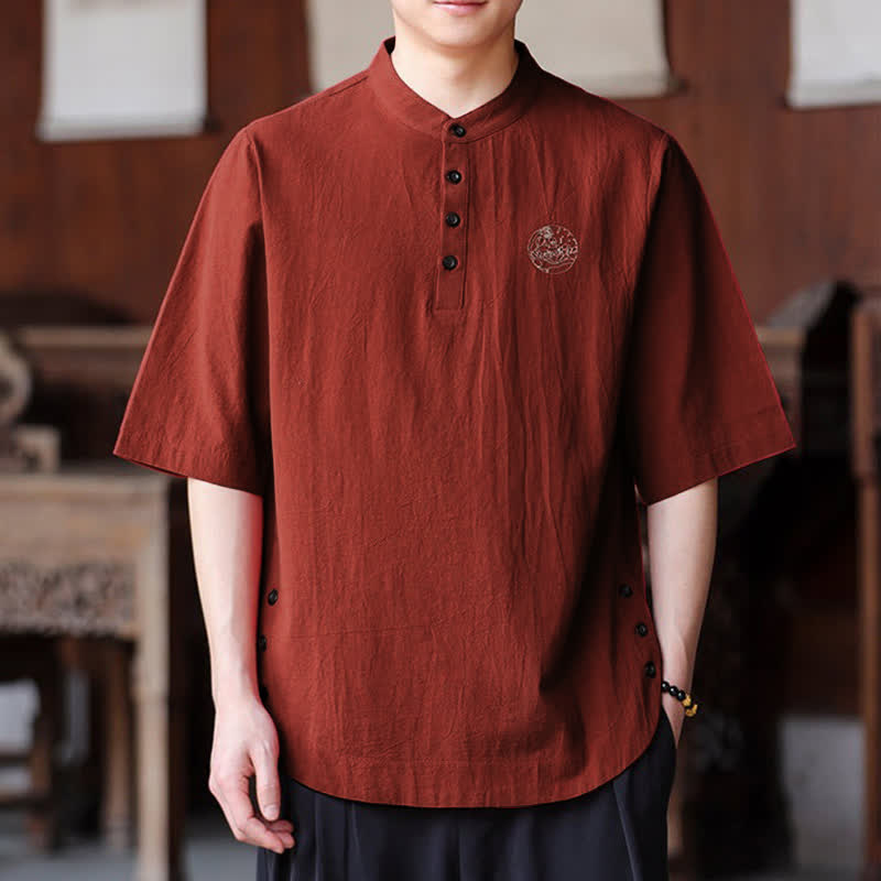 Buddha Stones 夏物カジュアル 唐スタイル マンダリンカラー 無地 メンズ半袖シャツ - インディアンレッド - US/UK/AU46, EU56 （5XL） - image 11