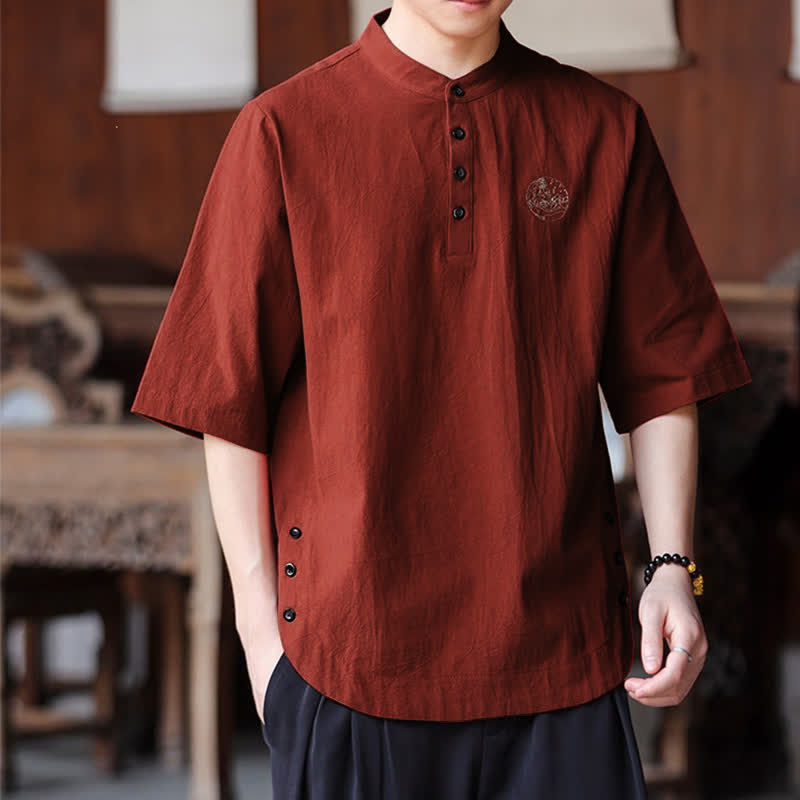 Buddha Stones 夏物カジュアル 唐スタイル マンダリンカラー 無地 メンズ半袖シャツ - image 12