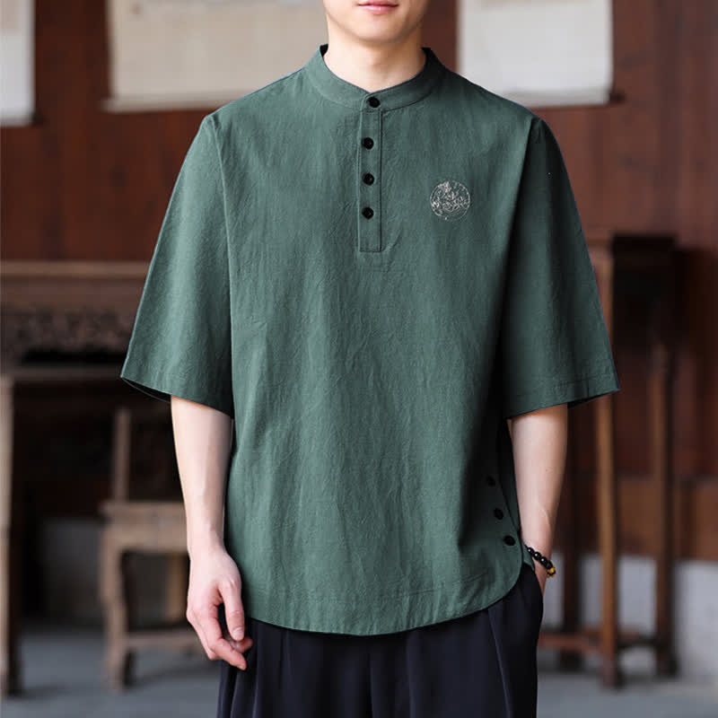 Buddha Stones 夏物カジュアル 唐スタイル マンダリンカラー 無地 メンズ半袖シャツ - シーグリーン - US/UK/AU46, EU56 （5XL） - image 0