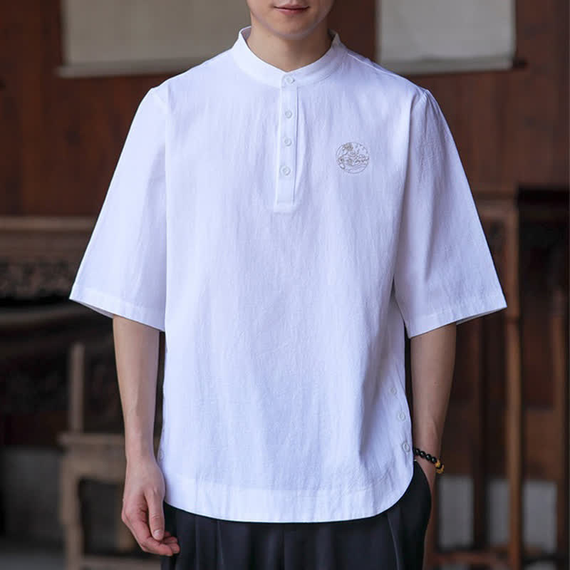 Buddha Stones 夏物カジュアル 唐スタイル マンダリンカラー 無地 メンズ半袖シャツ - 白 - US/UK/AU46, EU56 （5XL） - image 19