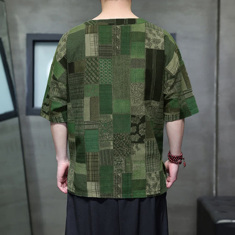 Buddha Stones 夏物カジュアル ボヘミアン パッチワーク チェック柄 メンズ半袖シャツ パッチポケット付き - image 3