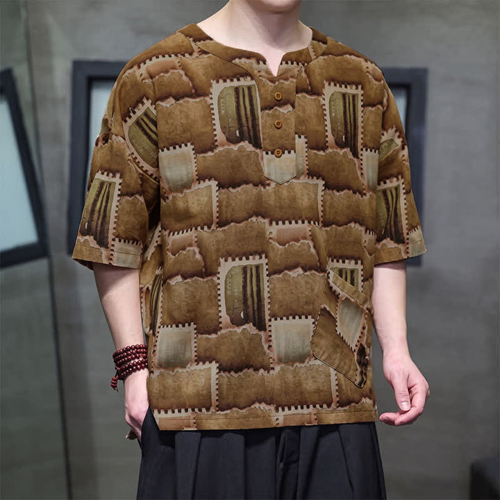 Buddha Stones 夏物カジュアル ボヘミアン パッチワーク チェック柄 メンズ半袖シャツ パッチポケット付き - image 11
