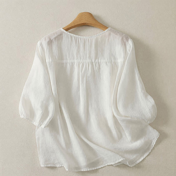 Buddha Stones 春夏カジュアルヴィンテージクルーネック刺繍無地レディース七分袖Tシャツ - image 16
