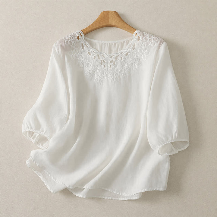 Buddha Stones 春夏カジュアルヴィンテージクルーネック刺繍無地レディース七分袖Tシャツ - 白 - US12, UK/AU16, EU44 （2XL） - image 15