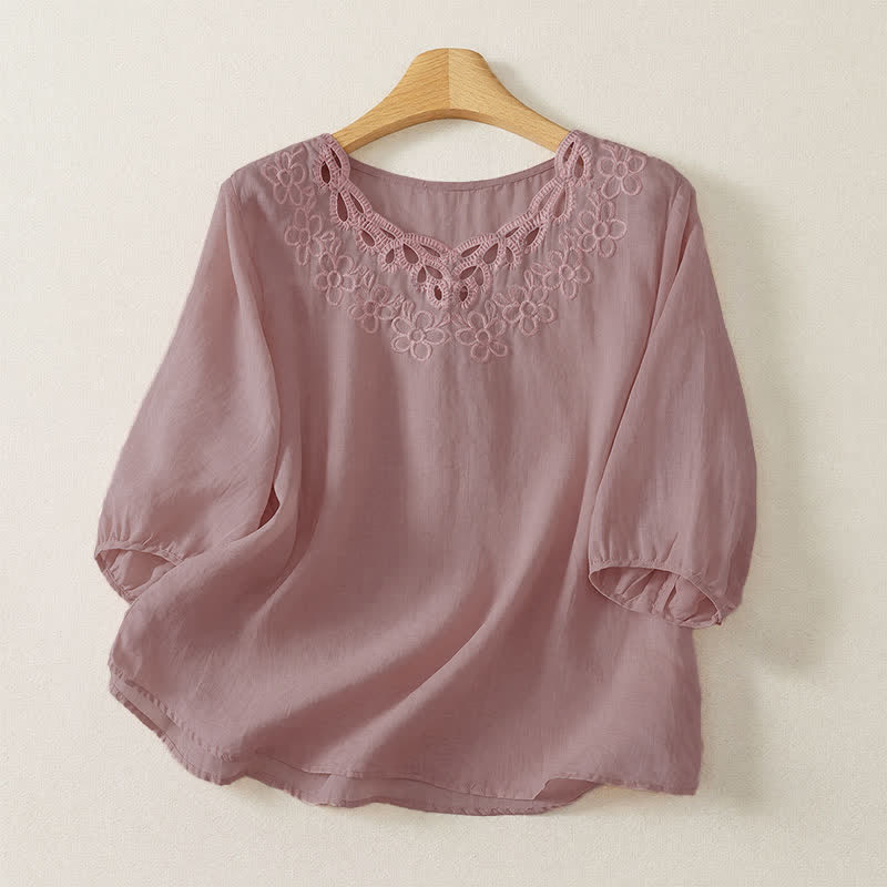 Buddha Stones 春夏カジュアルヴィンテージクルーネック刺繍無地レディース七分袖Tシャツ - ピンク - US12, UK/AU16, EU44 （2XL） - image 10