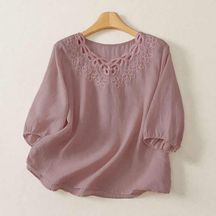 Buddha Stones 春夏カジュアルヴィンテージクルーネック刺繍無地レディース七分袖Tシャツ - ピンク - US12, UK/AU16, EU44 （2XL） - image 10