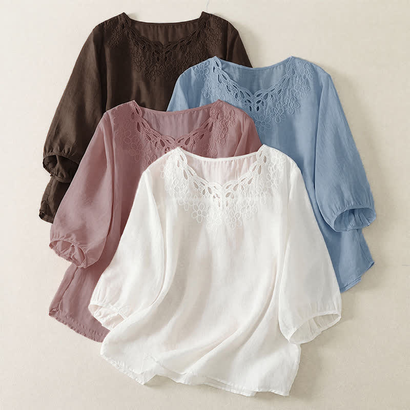 Buddha Stones 春夏カジュアルヴィンテージクルーネック刺繍無地レディース七分袖Tシャツ - image 23