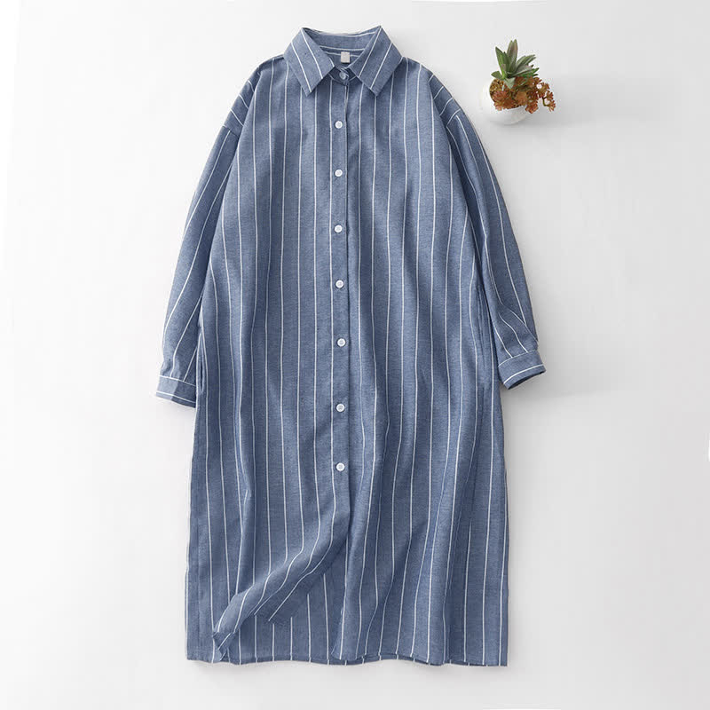 Buddha Stones 春のカジュアルミニマリストストライプ柄長袖ボタンアップワンピース - スレートグレー - US12, UK/AU16, EU44 （2XL） - image 9