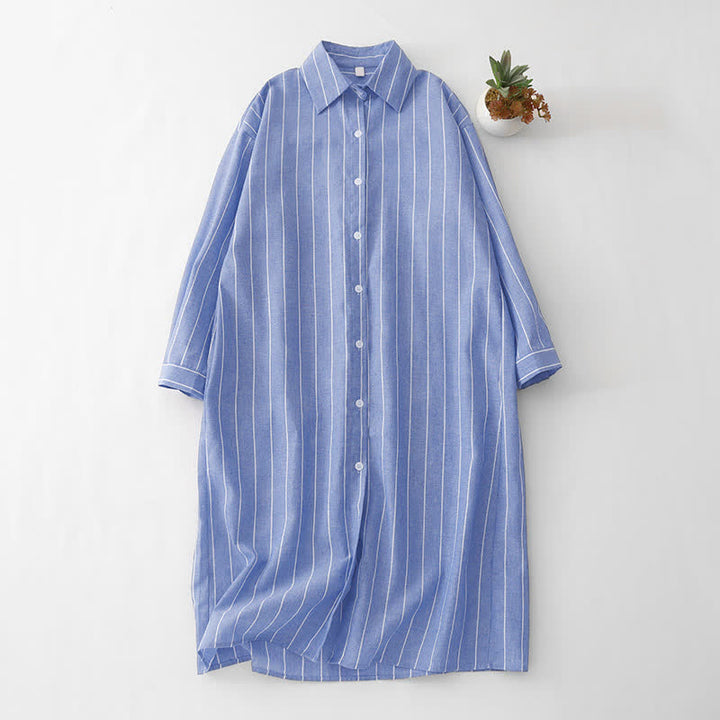 Buddha Stones 春のカジュアルミニマリストストライプ柄長袖ボタンアップワンピース - ライトスチールブルー - US12, UK/AU16, EU44 （2XL） - image 0