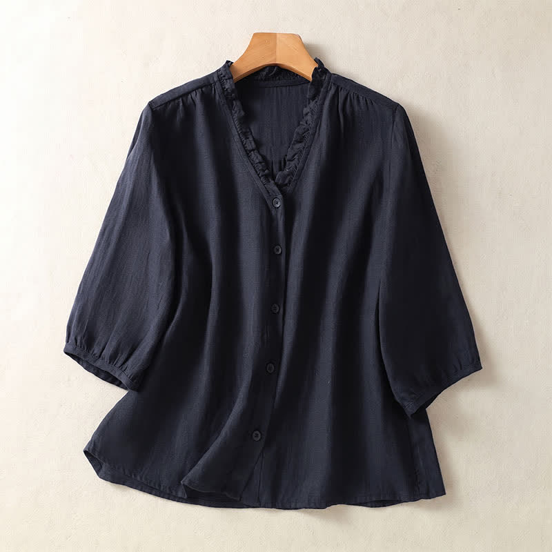 Buddha Stones 春夏カジュアルボタンアップ無地レディース半袖シャツ - 海軍 - US8-10, UK/AU12-14, EU40-42 （2XL） - image 20