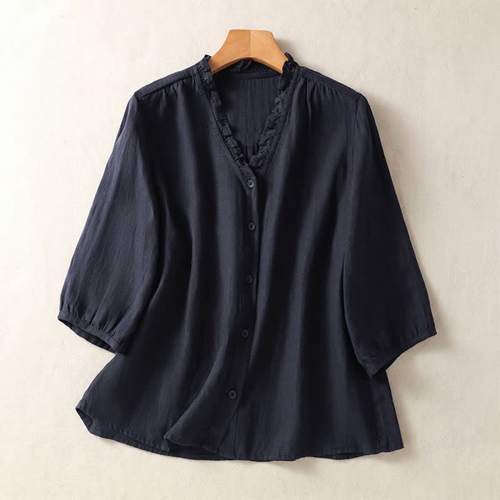 Buddha Stones 春夏カジュアルボタンアップ無地レディース半袖シャツ - 海軍 - US8-10, UK/AU12-14, EU40-42 （2XL） - image 20