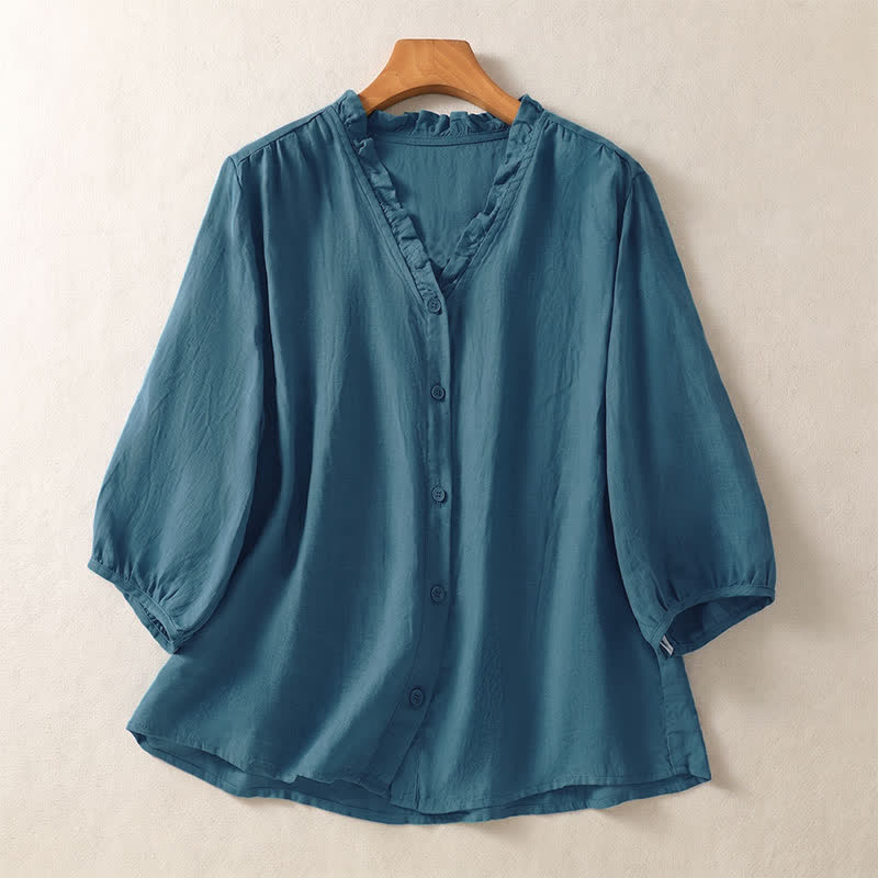 Buddha Stones 春夏カジュアルボタンアップ無地レディース半袖シャツ - ティール - US8-10, UK/AU12-14, EU40-42 （2XL） - image 13