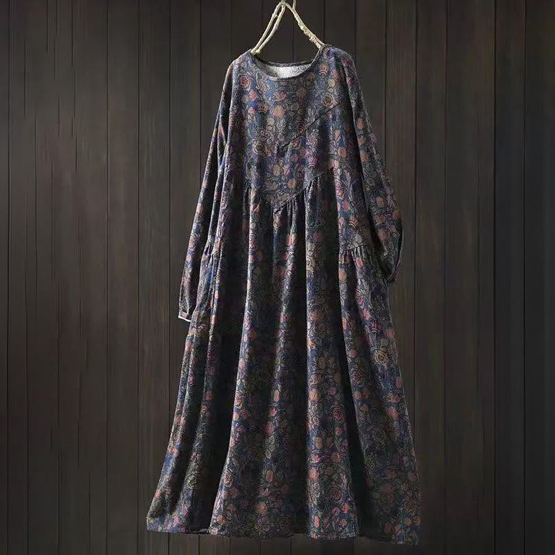 Buddha StonesレトロフローラルパターンAラインデザイン長袖レディースミディドレス - ダークブルー - US4-8/10、 UK/AU8-12/14、 EU36-40/42 (F) - image 11