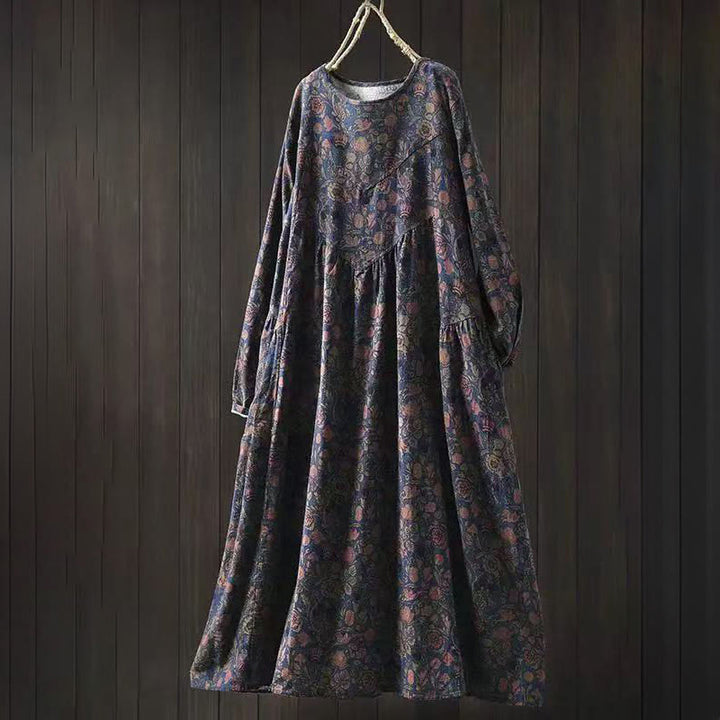 Buddha StonesレトロフローラルパターンAラインデザイン長袖レディースミディドレス - ダークブルー - US4-8/10、 UK/AU8-12/14、 EU36-40/42 (F) - image 11