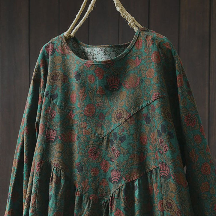 Buddha StonesレトロフローラルパターンAラインデザイン長袖レディースミディドレス - image 1