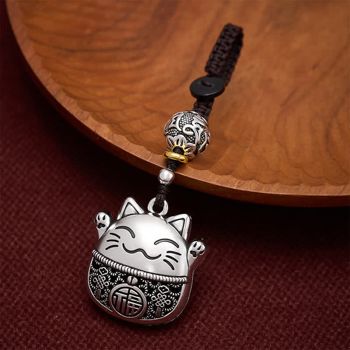 Buddha Stones 銅製「福」の文字が刻印された招き猫の編み込みバランスキーホルダー - 銀色の招き猫 - image 0
