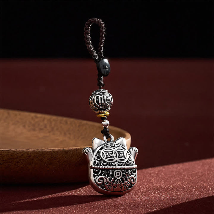Buddha Stones 銅製「福」の文字が刻印された招き猫の編み込みバランスキーホルダー - image 2