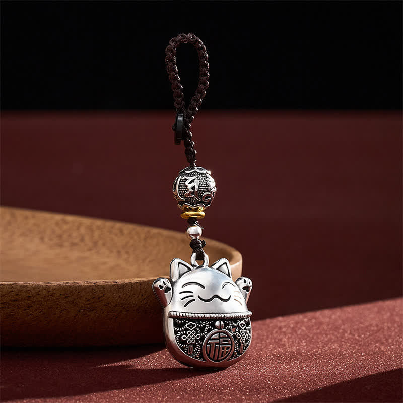 Buddha Stones 銅製「福」の文字が刻印された招き猫の編み込みバランスキーホルダー - image 1