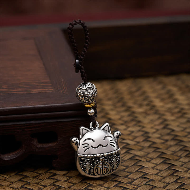 Buddha Stones 銅製「福」の文字が刻印された招き猫の編み込みバランスキーホルダー - image 3