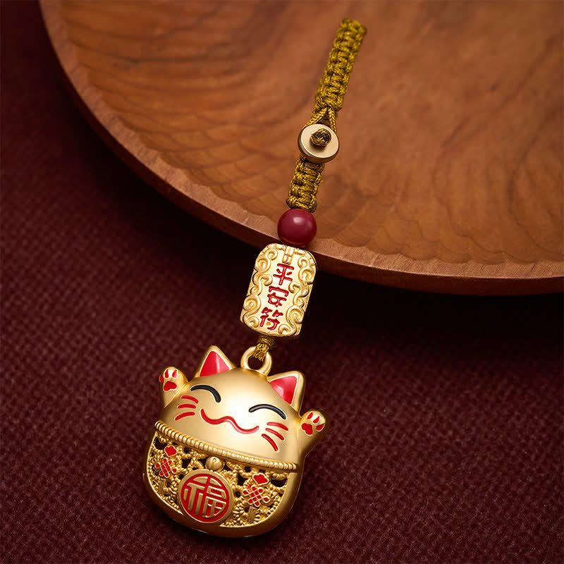 Buddha Stones 銅製「福」の文字が刻印された招き猫の編み込みバランスキーホルダー - 金の招き猫 - image 9