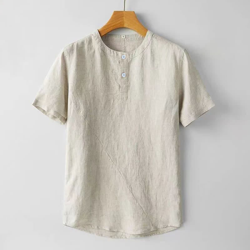 Buddha Stones 夏用 メンズ 半袖 シャツ 無地 コットンリネン素材 ボタン付き - リネン - US/UK/AU48、 EU58 (4XL) - image 0