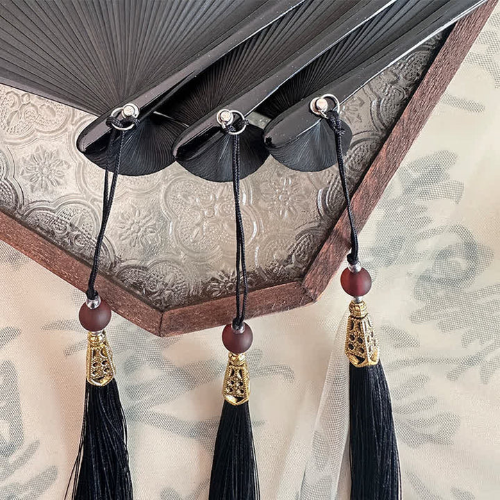 Buddha Stones 黒竹、鯉、金木犀、ツバメ、トンボの模様の折りたたみ扇子 - image 8