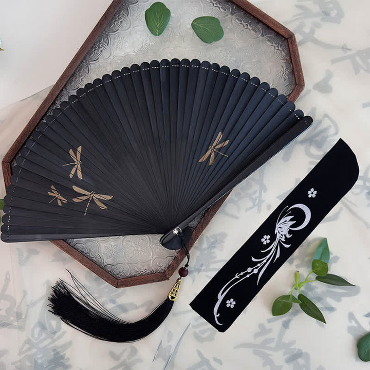 Buddha Stones 黒竹、鯉、金木犀、ツバメ、トンボの模様の折りたたみ扇子 - image 15