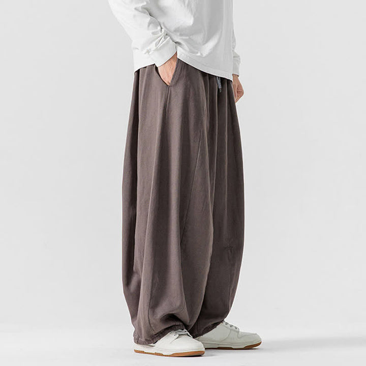 Buddha Stones 秋のカジュアルシンプルドローストリング無地コットンロングパンツメンズストレートレッグパンツポケット付き - image 2