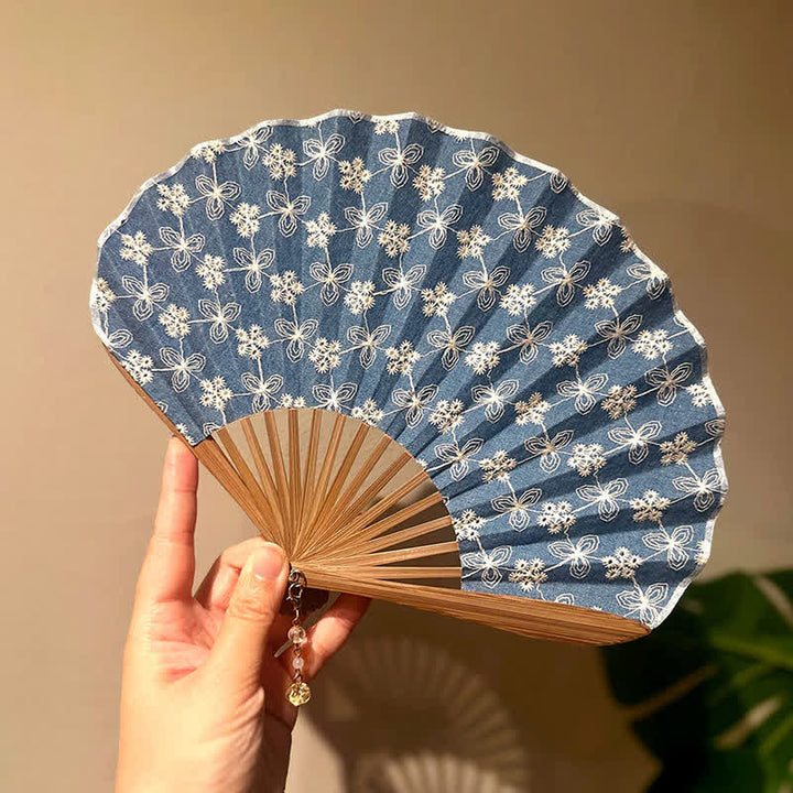 Buddha Stones 花蓮の純潔刺繍入り綿麻竹製折りたたみ扇子 - image 6