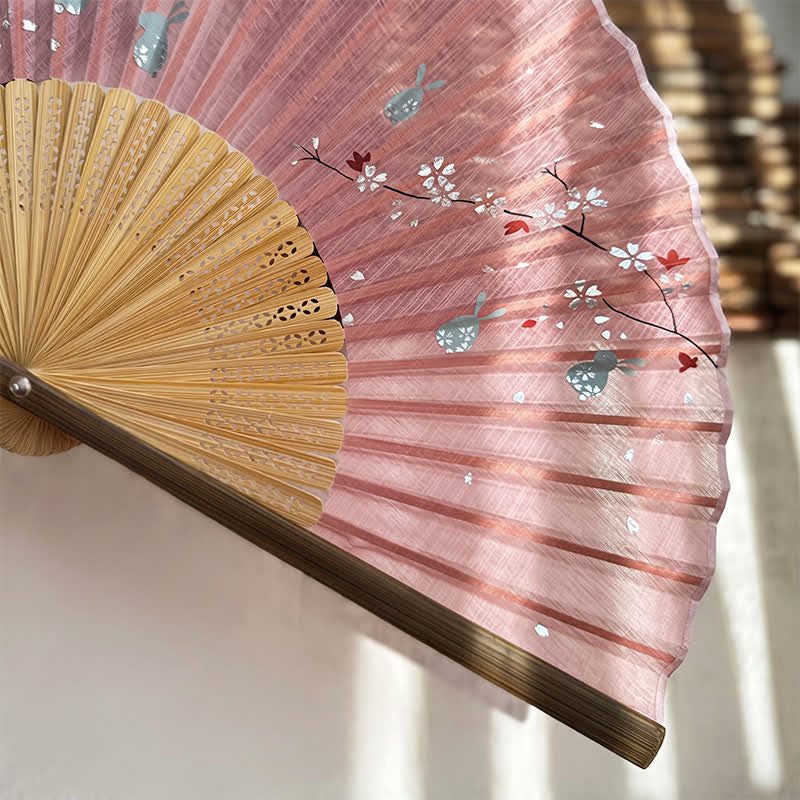 Buddha Stones ヴィンテージ 桜 月 うさぎ 竹製 折りたたみ式 エレガントな扇子 22cm - image 6