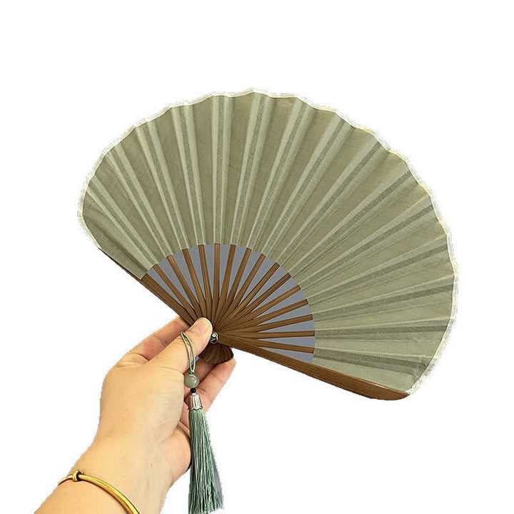 Buddha Stones 綿麻竹製貝殻型タッセル付き折りたたみ扇子 21.5cm - image 5