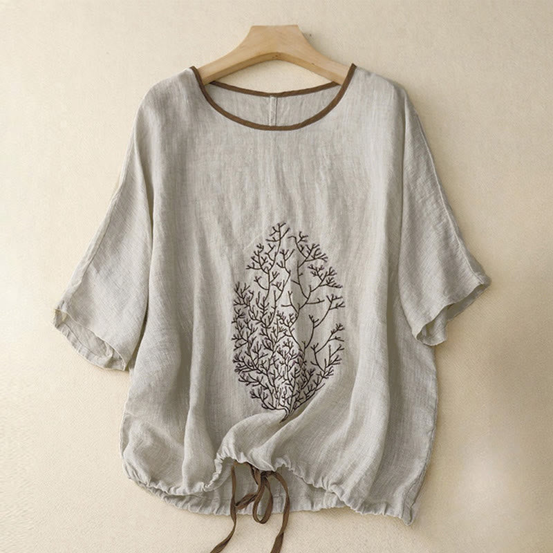 Buddha Stonesカジュアル刺繍ツリードローストリングレディースクルーネックデザイン半袖Tシャツ - ライトグレー - US14、 UK/AU18、 EU46 (2XL) - image 0
