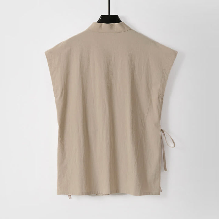 Buddha Stones 夏用瞑想用タンスタイルドローストリング無地コットンリネン半袖シャツショーツメンズ瞑想服2枚セット（ポケット付き） - image 11