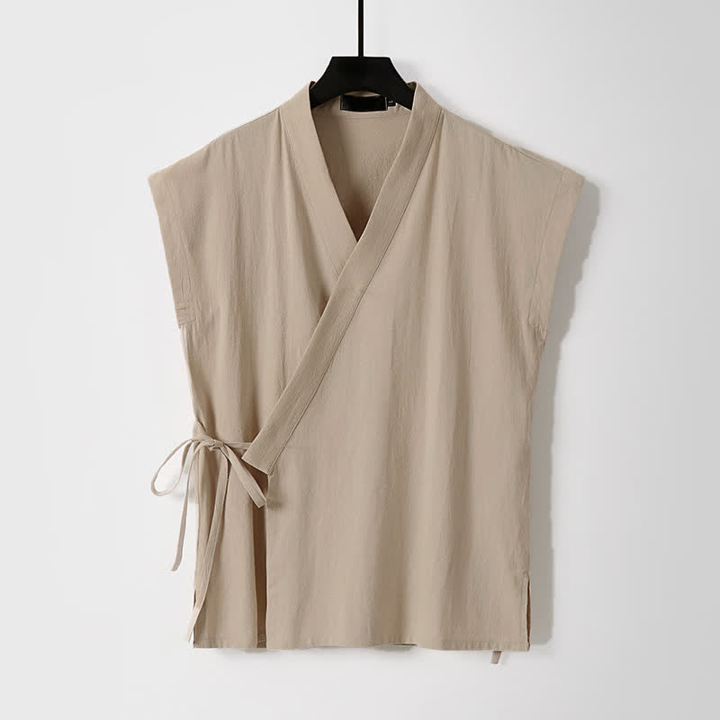 Buddha Stones 夏用瞑想用タンスタイルドローストリング無地コットンリネン半袖シャツショーツメンズ瞑想服2枚セット（ポケット付き） - image 10