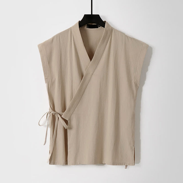 Buddha Stones 夏用瞑想用タンスタイルドローストリング無地コットンリネン半袖シャツショーツメンズ瞑想服2枚セット（ポケット付き） - image 10