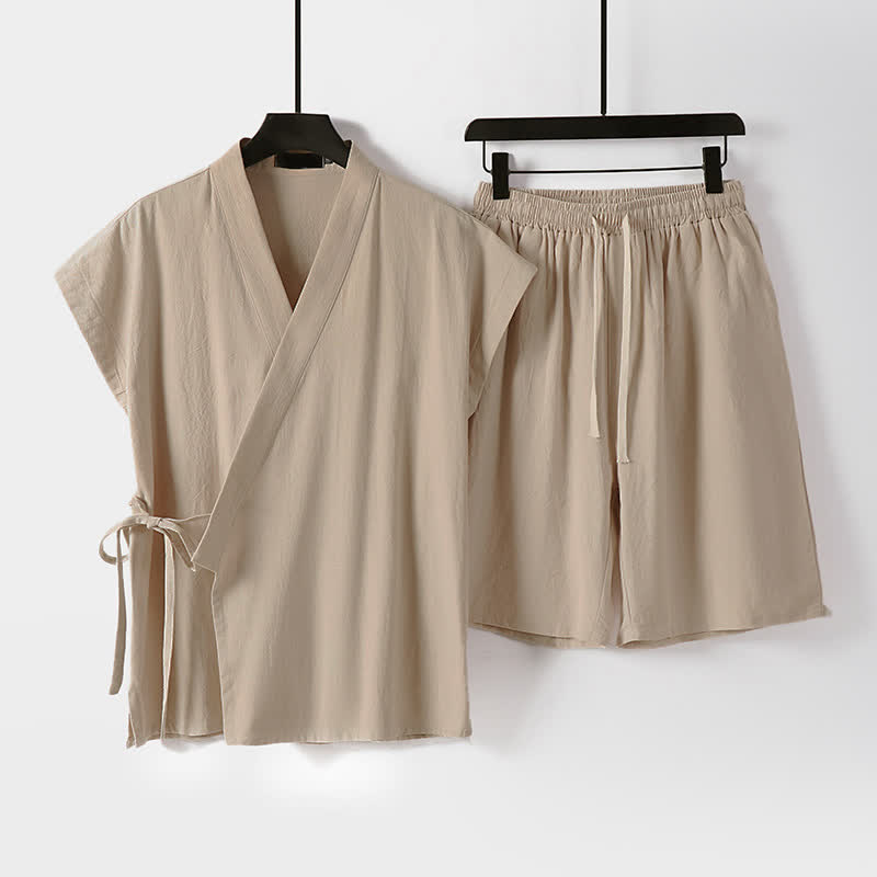 Buddha Stones 夏用瞑想用タンスタイルドローストリング無地コットンリネン半袖シャツショーツメンズ瞑想服2枚セット（ポケット付き） - ビスク - US/UK/AU54, EU64 （9XL） - image 9