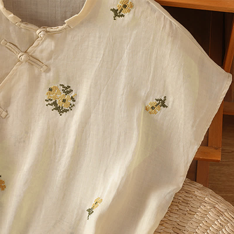 Buddha Stones 夏物カジュアル 唐風 マンダリンカラー 刺繍入り花柄タンクトップ レディース ノースリーブシャツ - image 5