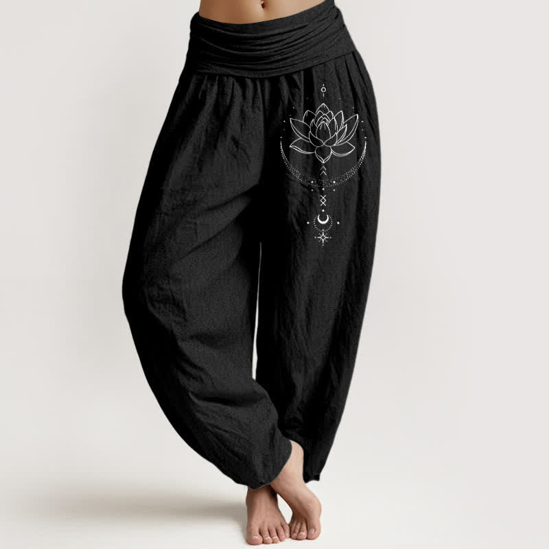 Buddha Stones 純綿素材の蓮と三日月柄レディースゴムウエストハーレムパンツ - 黒 - US16、 UK/AU20、 EU48 (3XL) - image 0