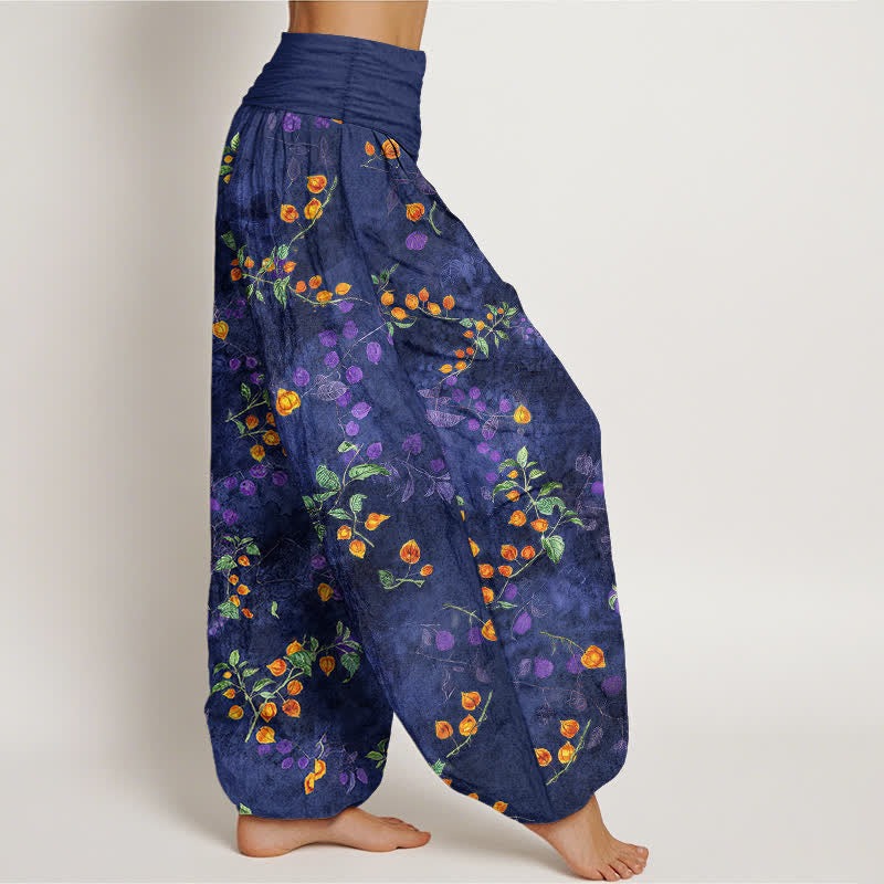 Buddha Stones コットン素材、オレンジの花柄、つる模様、ウエストゴム入りレディースハーレムパンツ - image 1