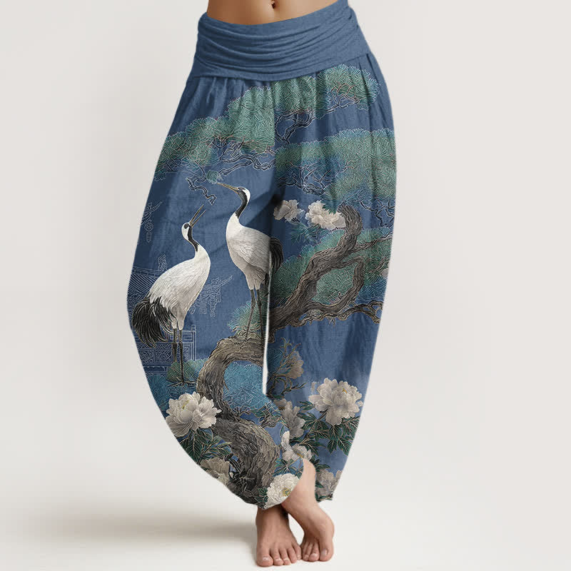 Buddha Stones 綿素材の鶴の花柄レディースゴムウエストハーレムパンツ - スチールブルー - US16、 UK/AU20、 EU48 (3XL) - image 0