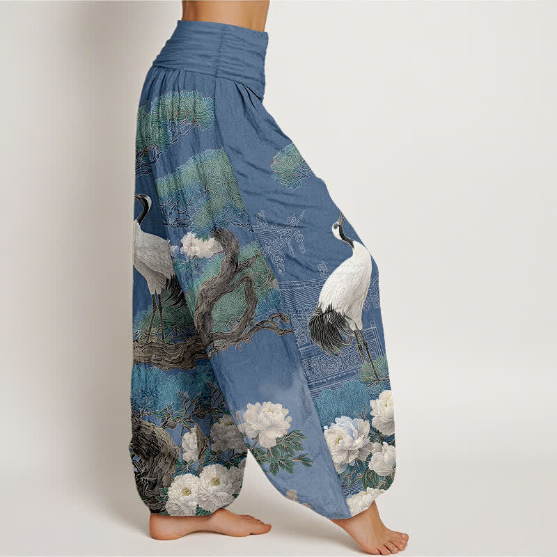 Buddha Stones 綿素材の鶴の花柄レディースゴムウエストハーレムパンツ - image 1