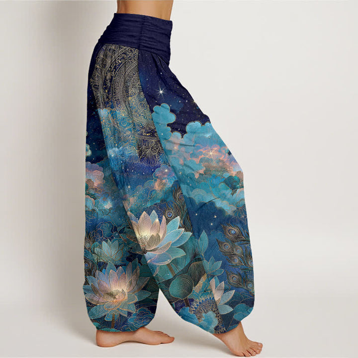 Buddha Stones コットン素材の蓮の夜空柄レディースゴムウエストハーレムパンツ - image 1