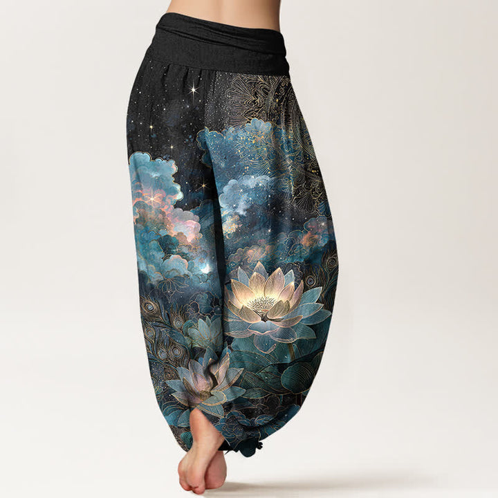 Buddha Stones コットン素材の蓮の夜空柄レディースゴムウエストハーレムパンツ - image 10
