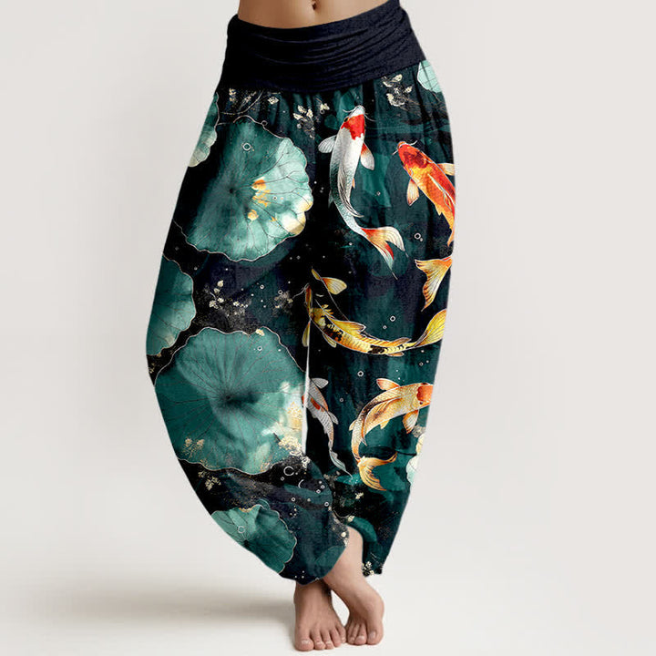 Buddha Stones コットン製鯉の葉柄 レディース ゴムウエスト ハーレムパンツ - ティール - US16、 UK/AU20、 EU48 (3XL) - image 0