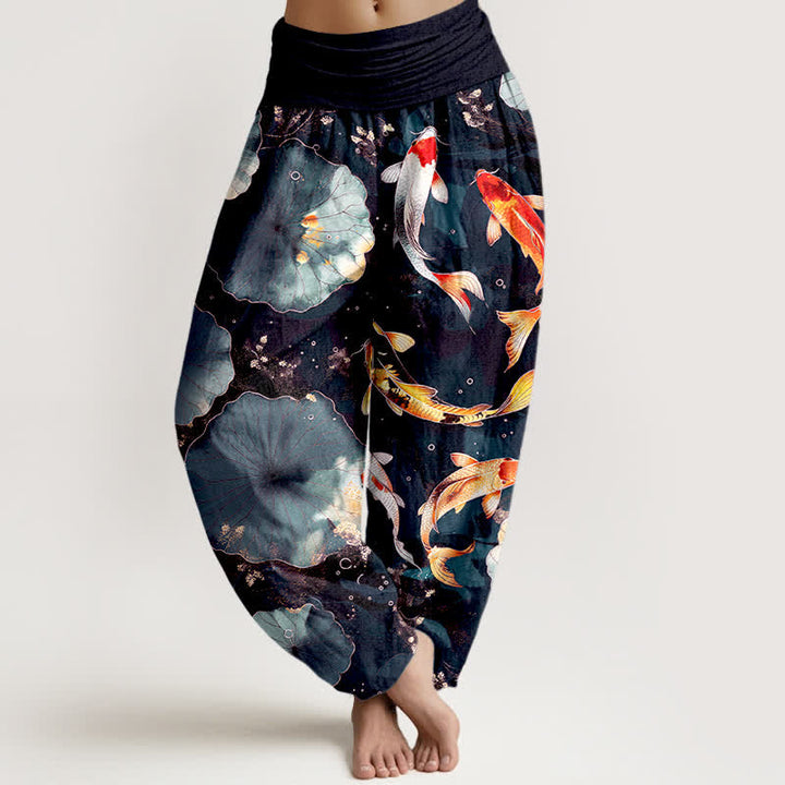Buddha Stones コットン製鯉の葉柄 レディース ゴムウエスト ハーレムパンツ - 黒 - US16、 UK/AU20、 EU48 (3XL) - image 8