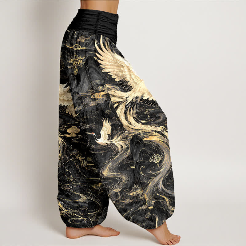 Buddha Stones 綿素材の飛鶴波模様入りレディースゴムウエストハーレムパンツ - image 6