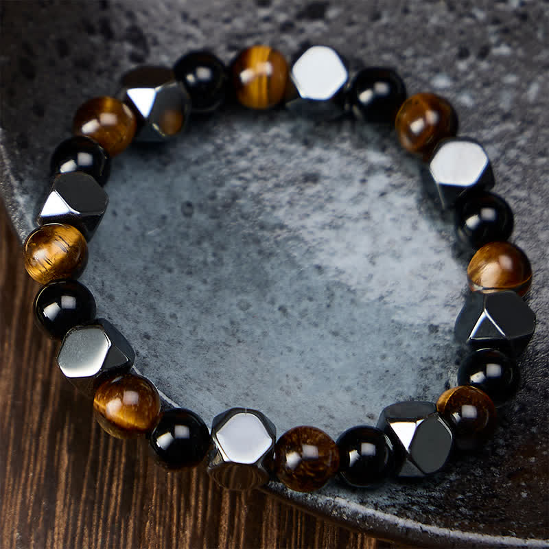 Buddha Stones ブラックオブシディアン、タイガーアイ、ヘマタイトのファセットカット守護ブレスレット - image 1
