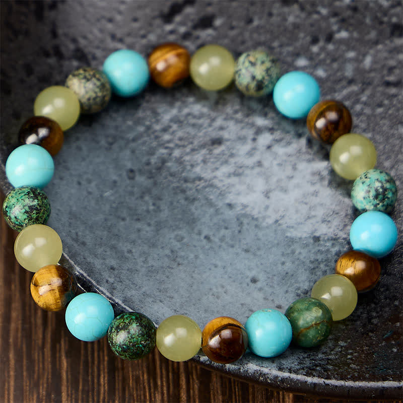 Buddha Stones 天然タイガーアイ、シアンジェイド、ターコイズビーズの守護ブレスレット - image 1
