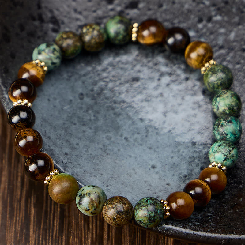 Buddha Stones タイガーアイマラカイトグリーンアゲート強化ビーズブレスレット - image 1