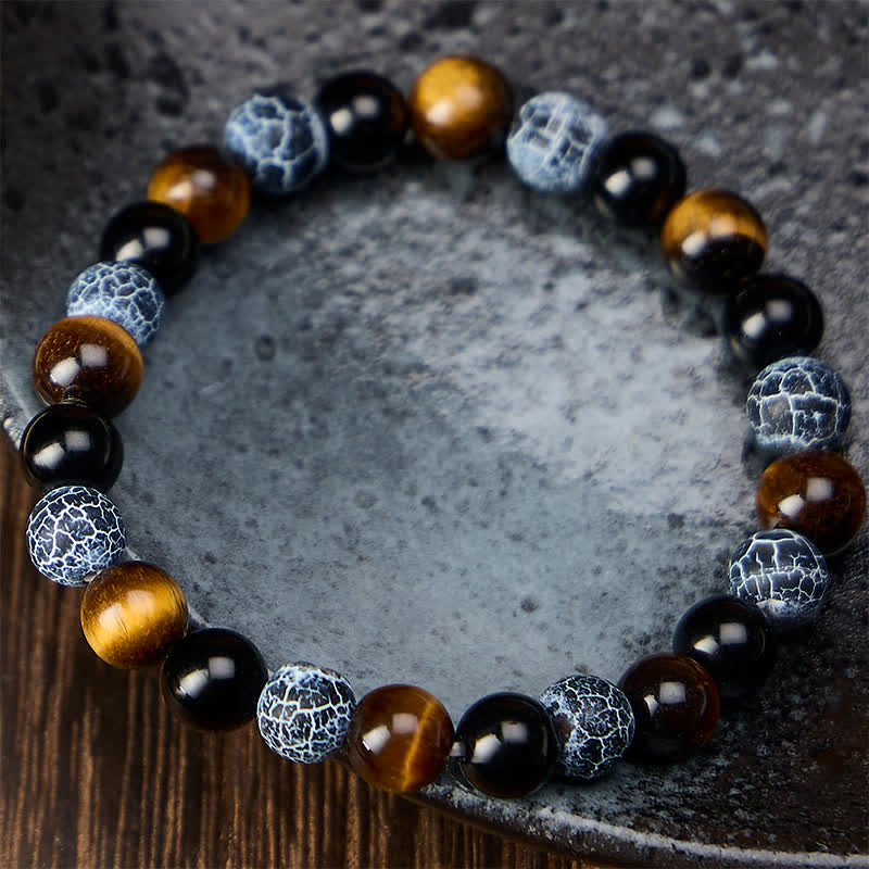Buddha Stones 黒曜石、タイガーアイ、クラックルアゲートの浄化ビーズブレスレット - image 1